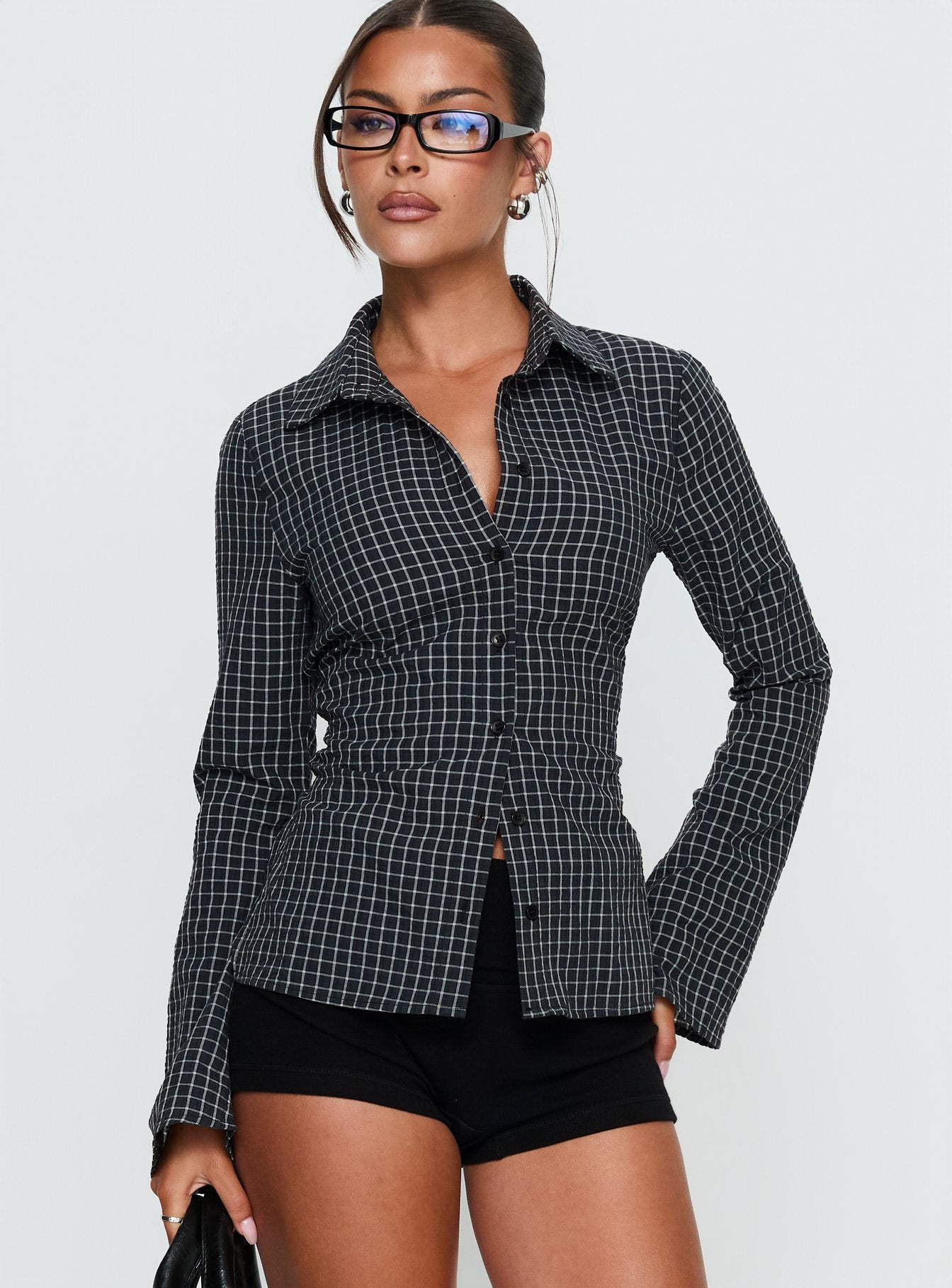 Eryx Tie Back Button Up Top Black Check | Princess Polly