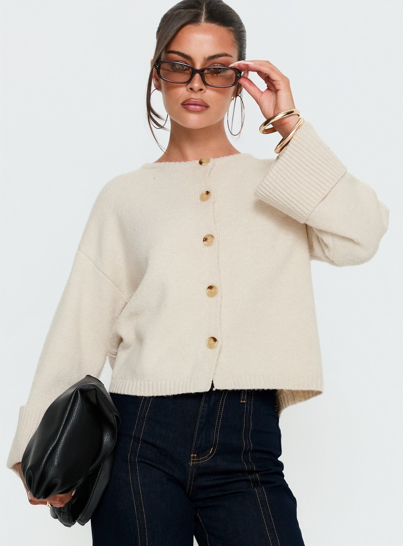 front view of model wearing Princess Polly Shinead Cuffed Knit Cardigan White Cropped Jumpers 