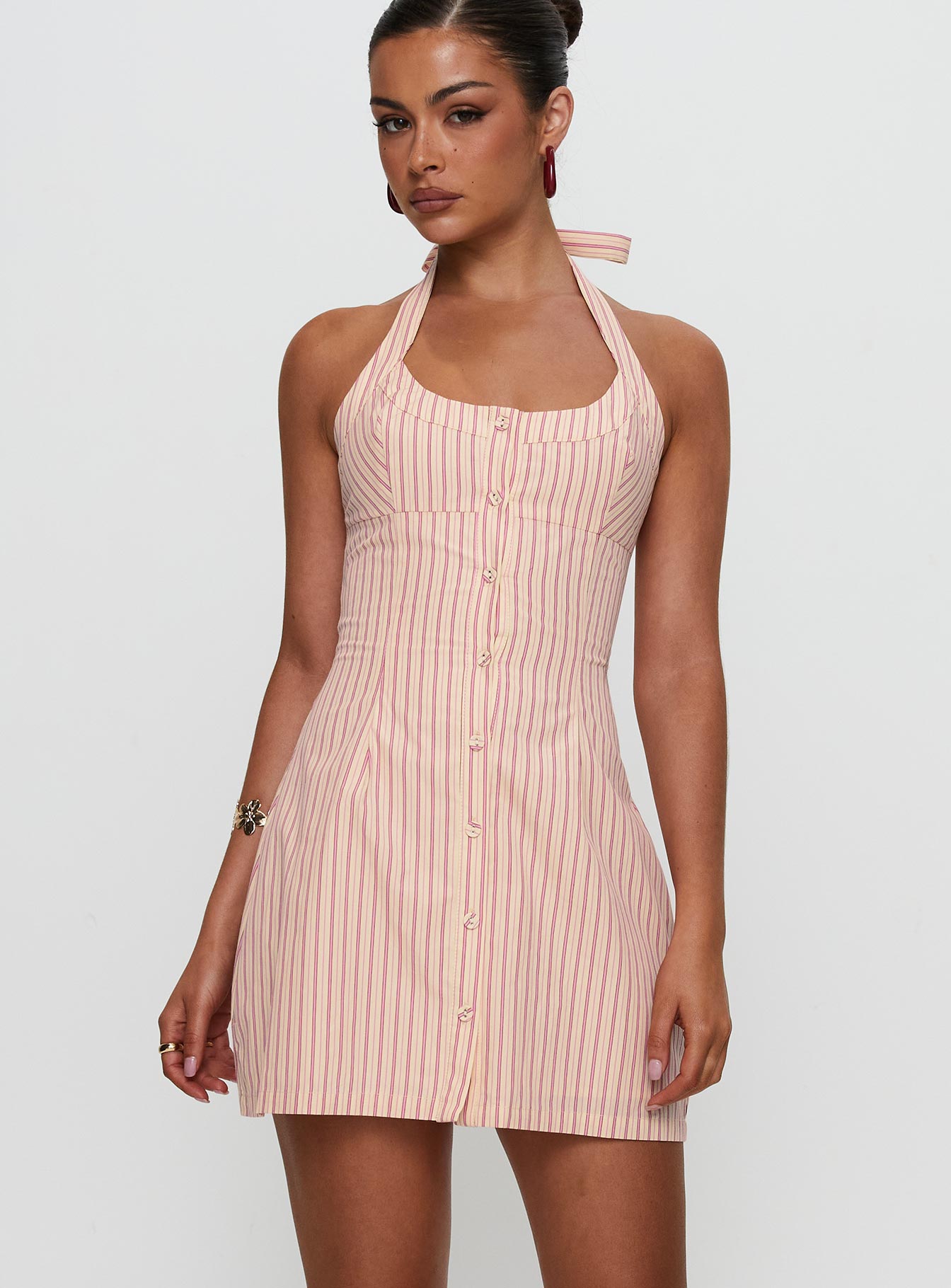 front view of model wearing Princess Polly Mallorie Halter Mini Dress Pink Stripe Scoop Neck 