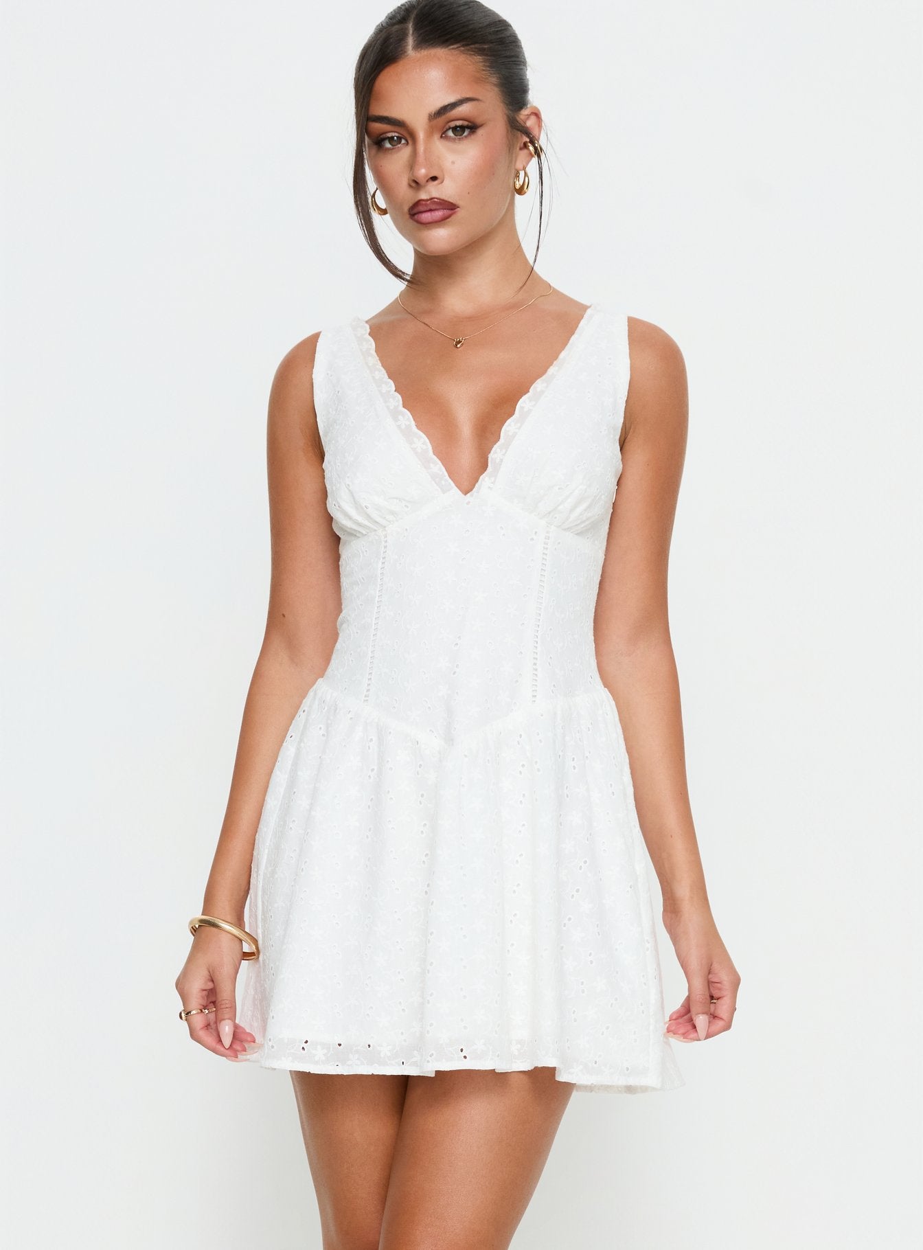 Thinking Bout You Lace Trim Sleeveless Mini Dress | White | Womens | Princess Polly Lower Impact Thinking Bout You Lace Trim Sleeveless Mini Dress | White | Womens | Princess Polly Lower Impact