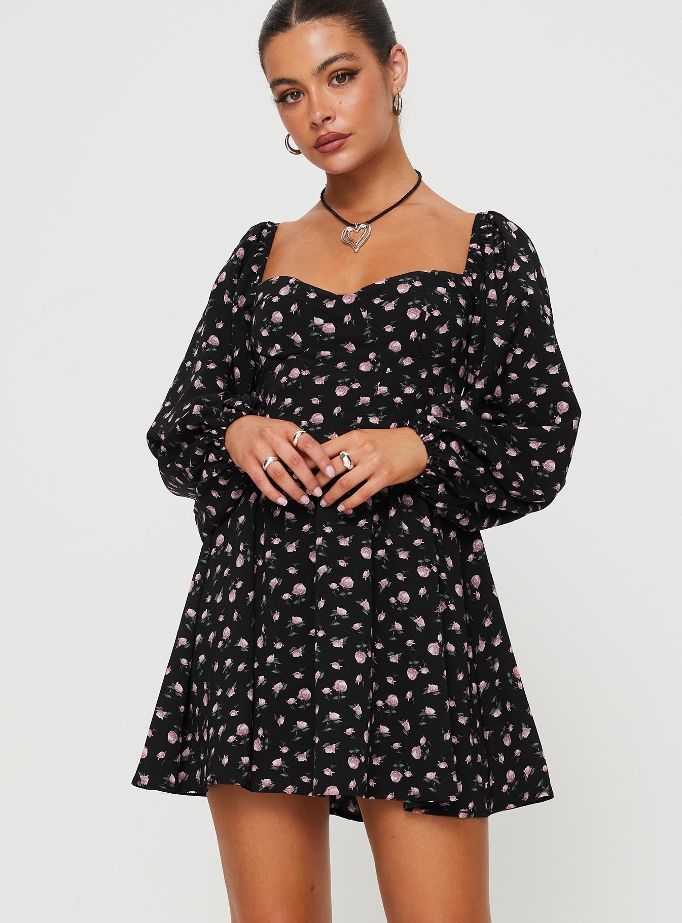 Darso long sleeve mini dress black floral