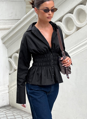 As You Are Shirred Button Up Top Black