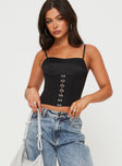 Crop corset top Adjustable shoulder straps, hook & eye fastening at front, boning throughout, zip fastening at back Non-stretch material fully lined