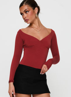 front view of model wearing Princess Polly Loveydove Bodysuit Burgundy Long Sleeve Tops 