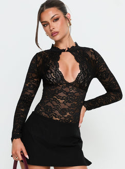 front view of model wearing Princess Polly Kamara Long Sleeve Lace Bodysuit Black Long Sleeve Tops 