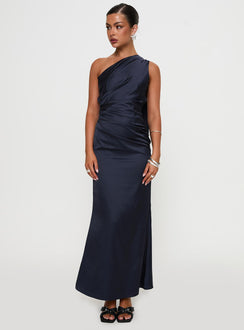 front view of model wearing Princess Polly Dulcia One Shoulder Maxi Dress Blue Asymmetric Neckline 