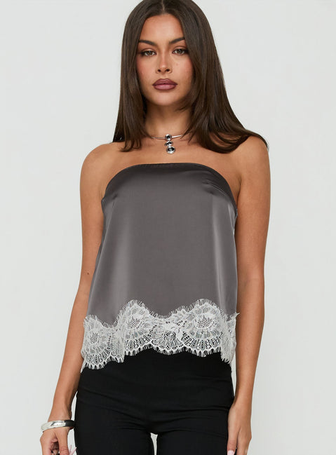 Sheyla Strapless Satin Lace Trim Top Grey / White