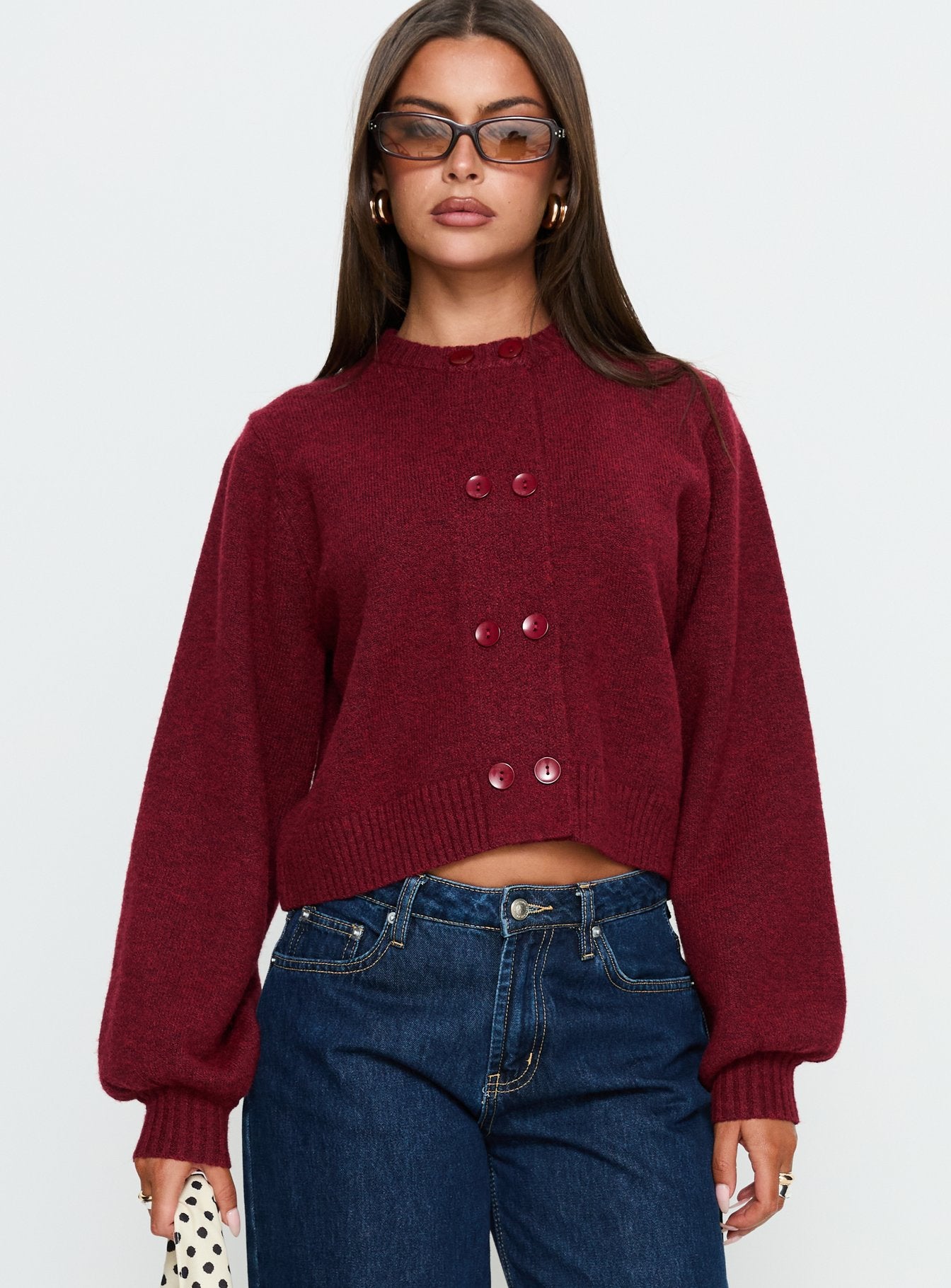 front view of model wearing Princess Polly Kammi Button Up Cardigan Red cropped 