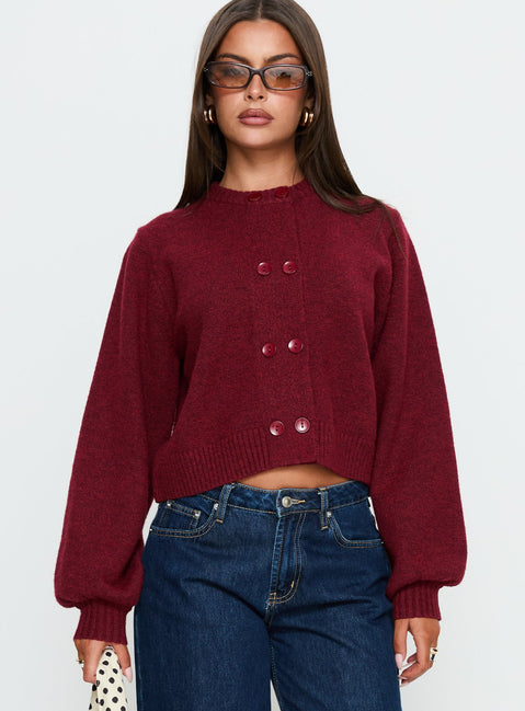 front view of model wearing Princess Polly Kammi Button Up Cardigan Red cropped 