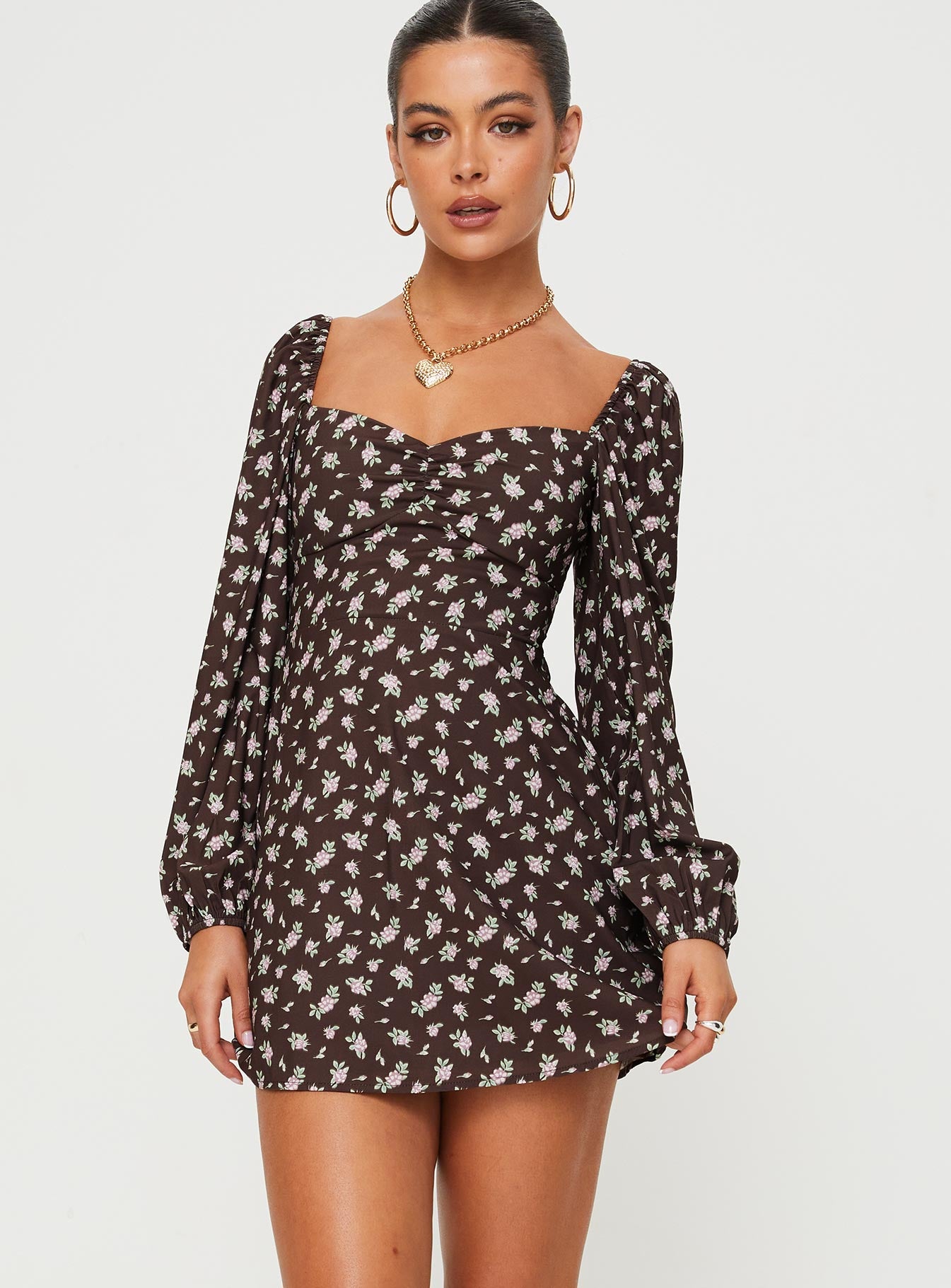 Landon long sleeve mini dress brown floral