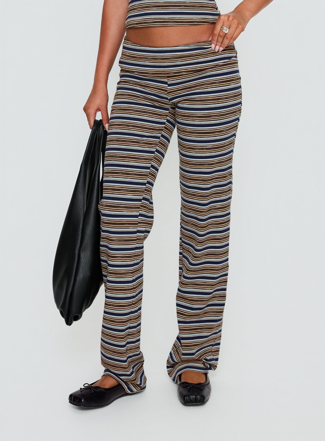 front view of model wearing Princess Polly Manolo Foldover Pants Brown / Grey Stripe Mid Rise Pants 