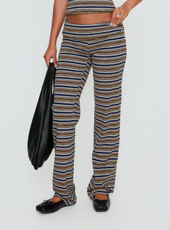 front view of model wearing Princess Polly Manolo Foldover Pants Brown / Grey Stripe Mid Rise Pants 