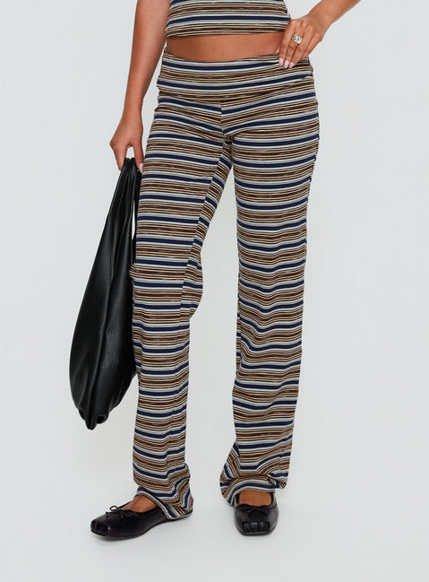 front view of model wearing Princess Polly Manolo Foldover Pants Brown / Grey Stripe Mid Rise Pants 