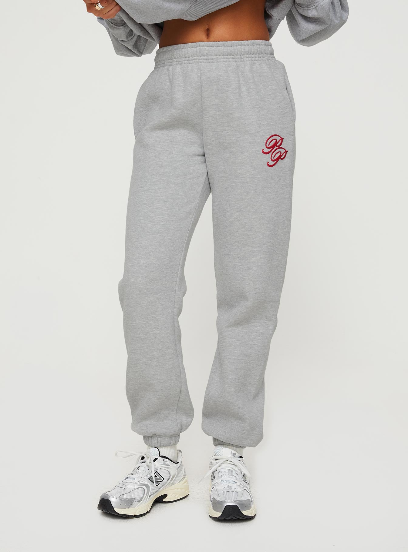 Princess polly track pants cursive text grey marle/ red