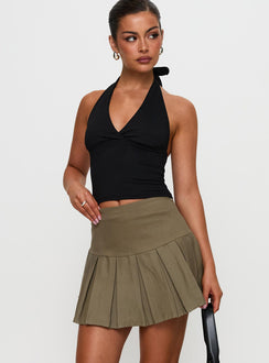   front view of model wearing Princess Polly Feodora Pleat Mini Skirt Khaki Mini Skirts 