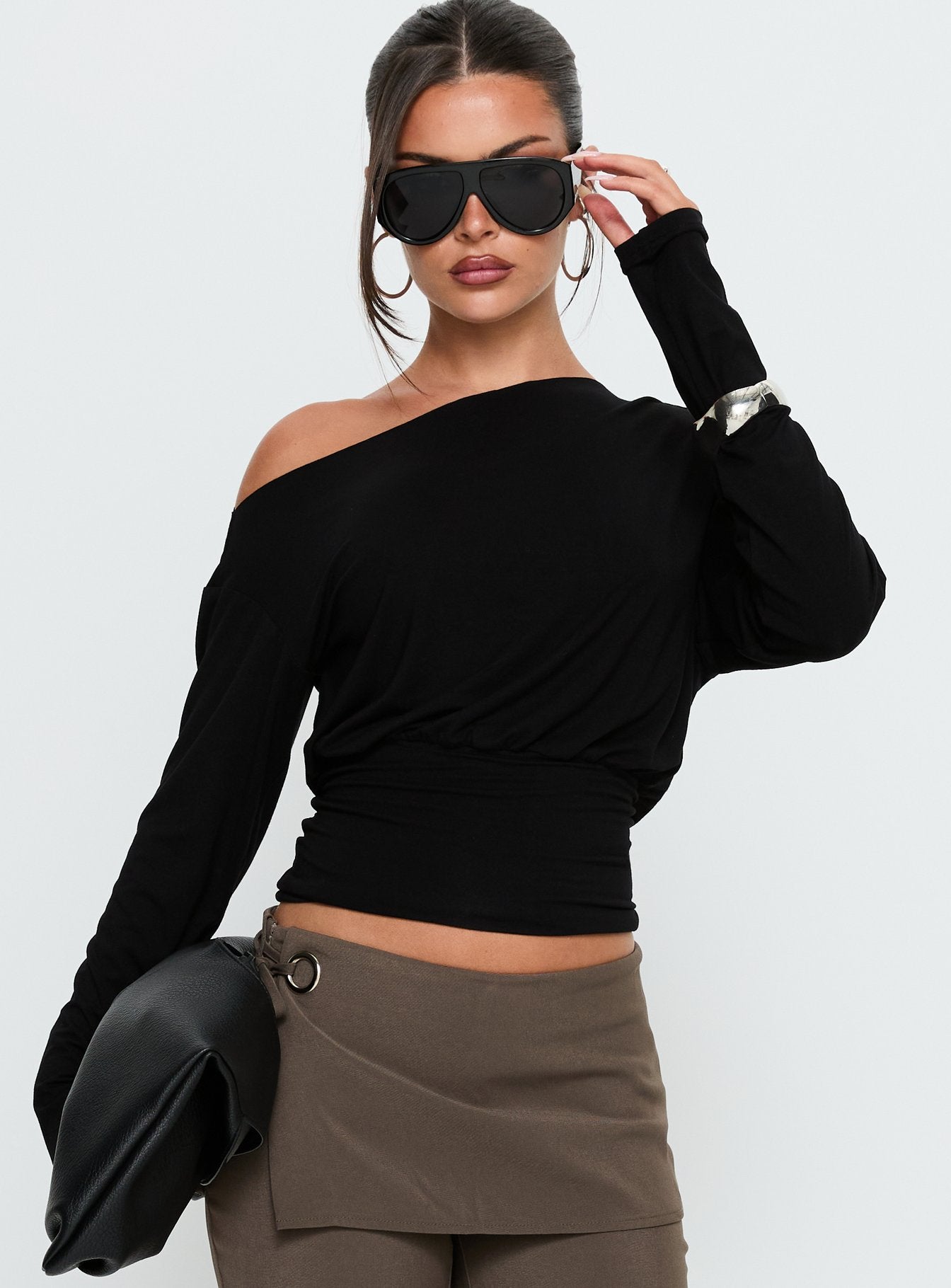 Ashlinn Off Shoulder Long Sleeve Drapey Top Black | Princess Polly