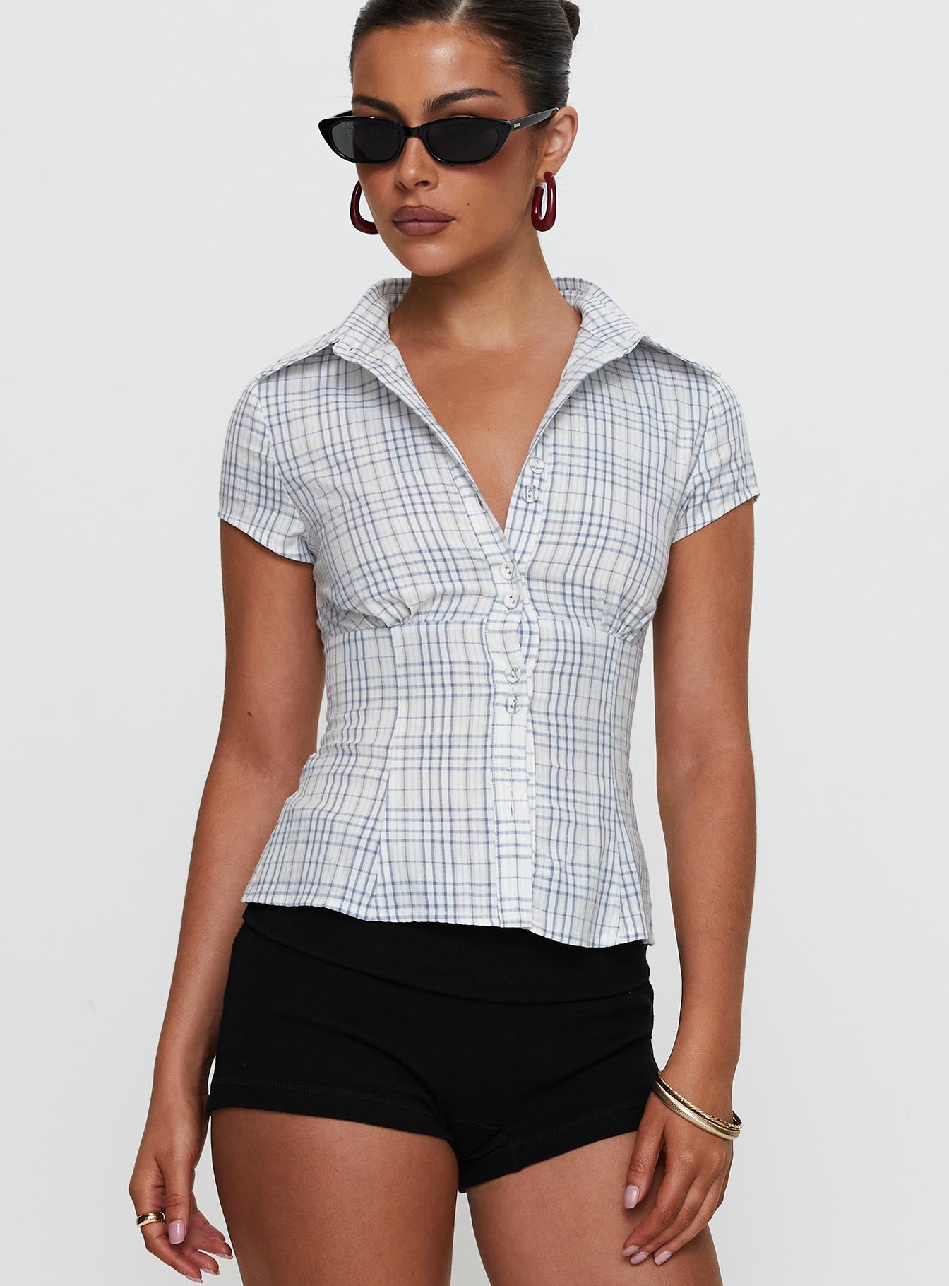 Cottesloe Blouse Top Blue Check | Princess Polly