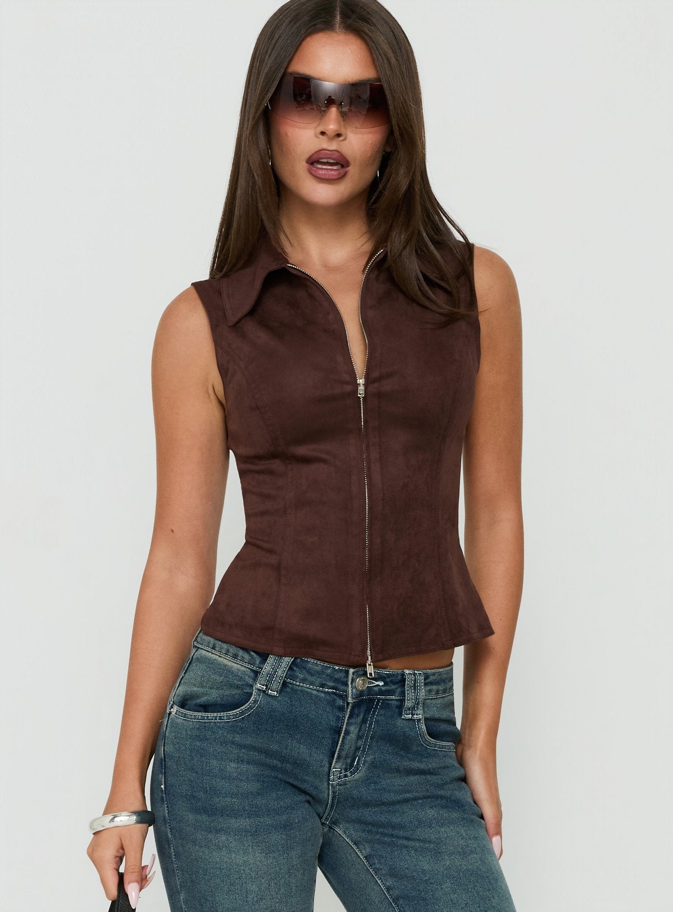 Nyra Zip Through Vest Top Brown