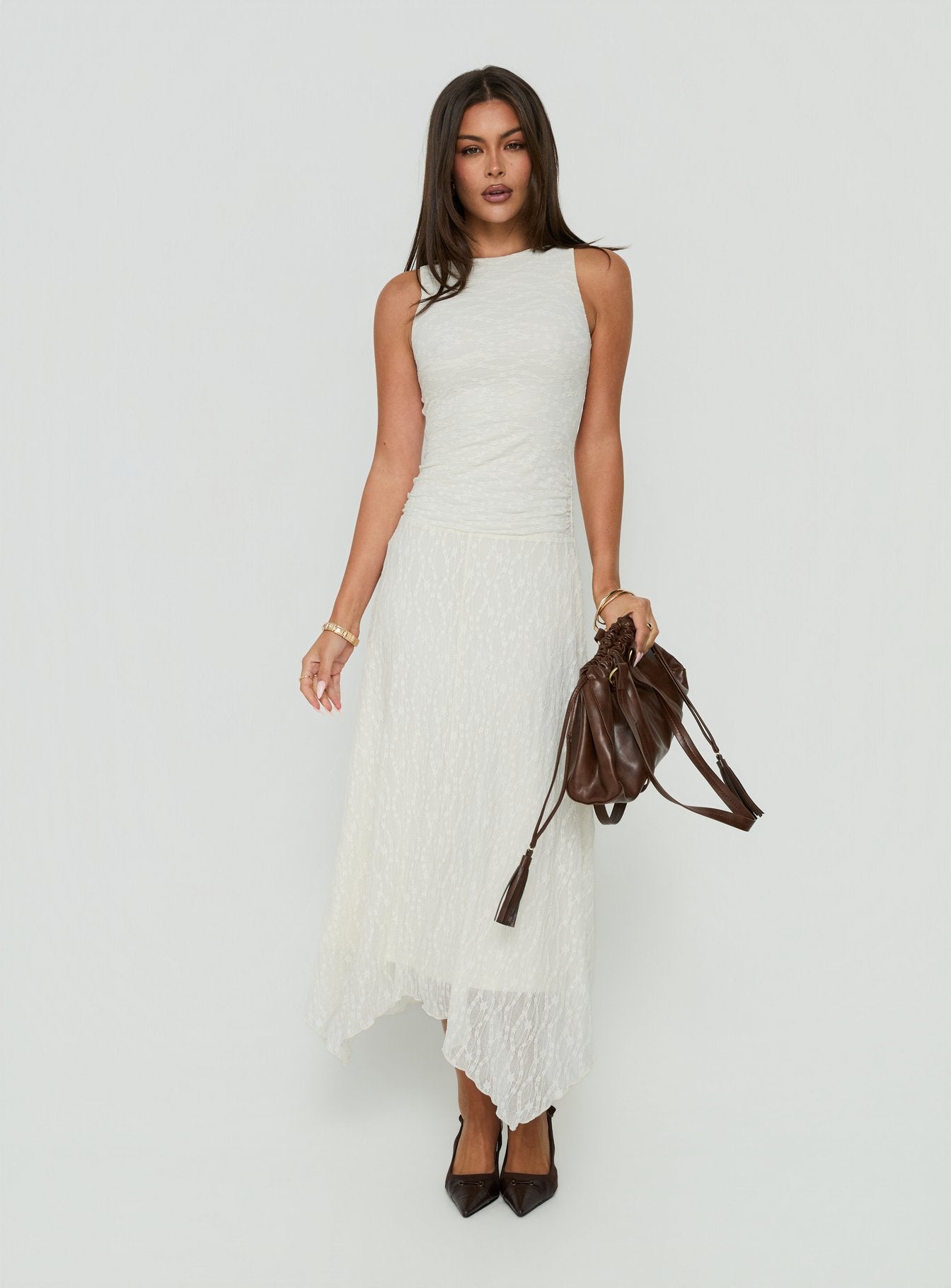Enzina Lace Hanky Hem Maxi Dress Cream