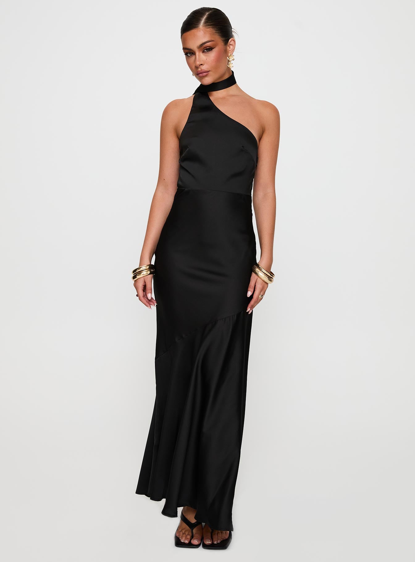 high neckline black dress Elixaire Scarf Maxi Dress Black