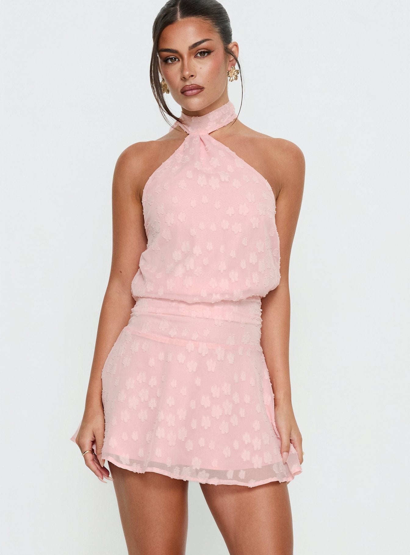 Eurythmic Scarf Halter Mini Dress Jacquard | Pink | Womens | Princess Polly Lower Impact Eurythmic Scarf Halter Mini Dress Jacquard | Pink | Womens | Princess Polly Lower Impact