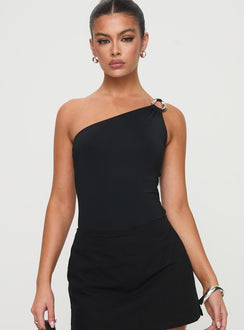 front view of model wearing Princess Polly Talija One Shoulder Bodysuit Black Tall Sleeveless 
