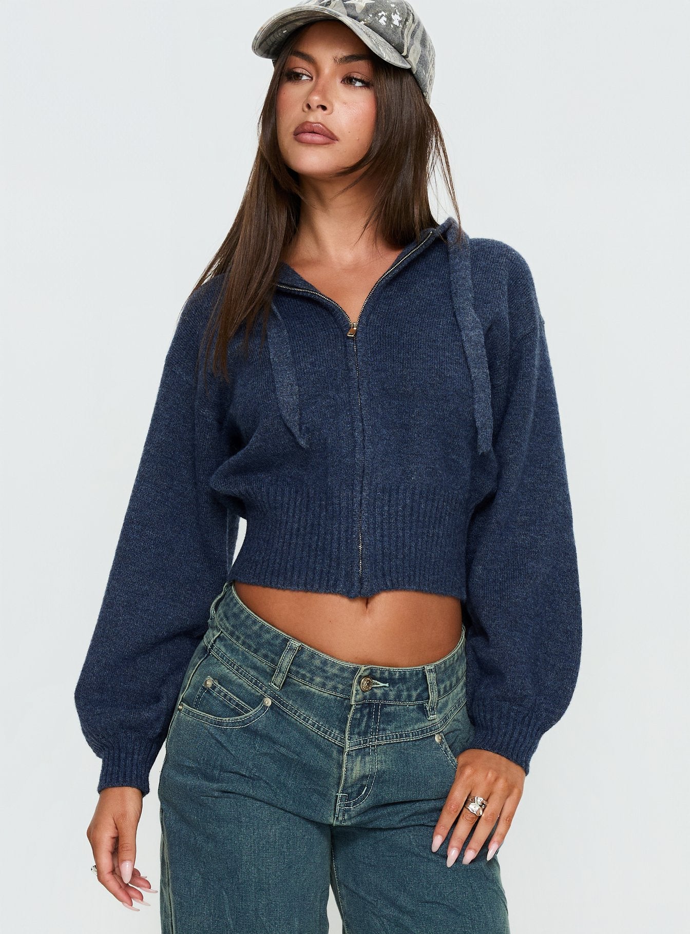 Kieley Zip Through Knit Hoodie Navy | Princess Polly
