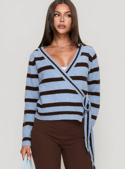 front view of model wearing Princess Polly Andras Wrap Knit Sweater Blue Stripe cropped 