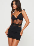 Lace Set  Two-piece set, sheer lace top adjustable straps Good stretch, lined bust Mini skirt, lace hem, elasticated waist Good stretch, unlined 