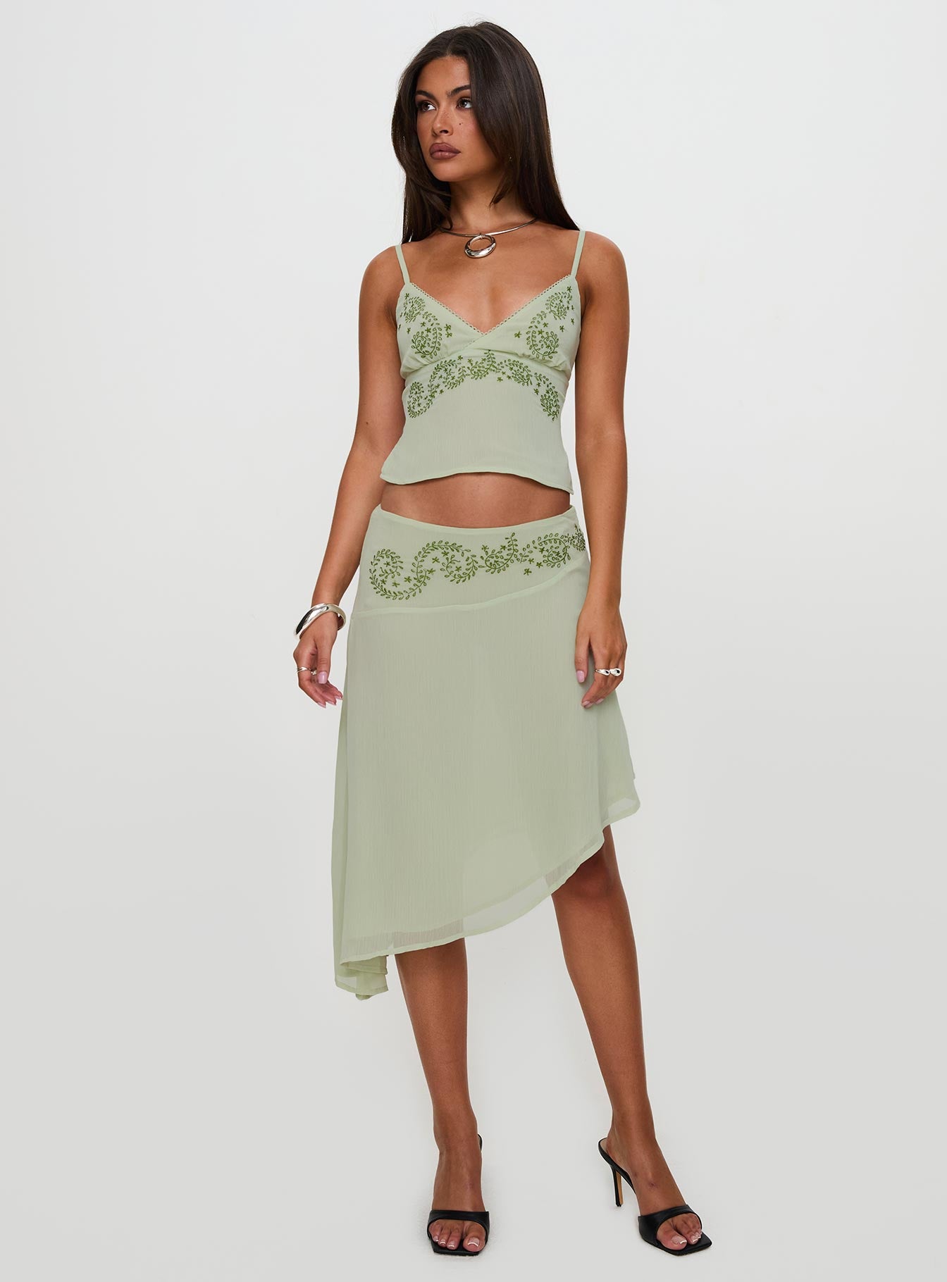 Pappilion Asymmetrical Midi Skirt Sage | Princess Polly