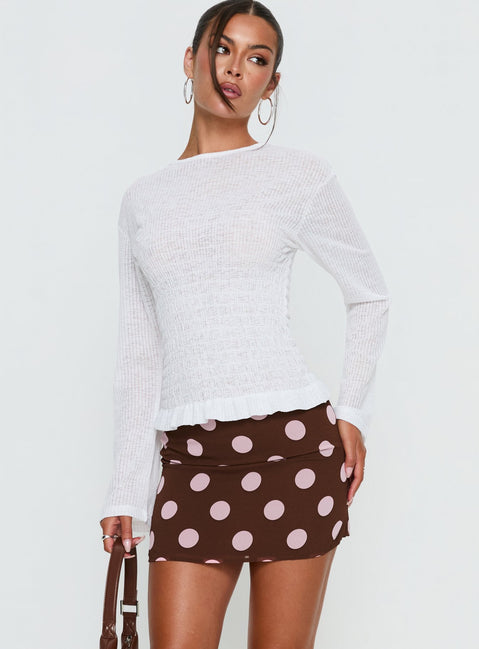 back view of model wearing Princess Polly Adelaida Mini Skirt Brown / Pink Polka Mini Skirts 