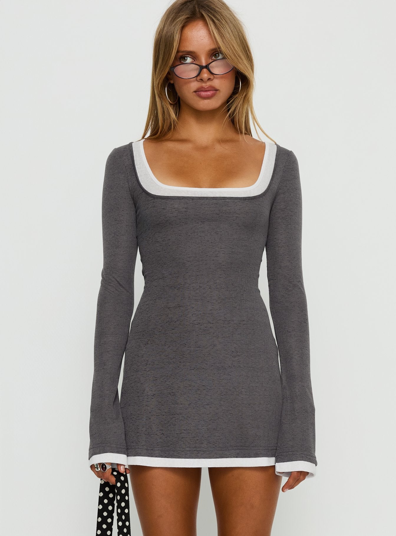 Adoree Long Sleeve Layered Mini Dress Grey White | | Grey | White | Womens