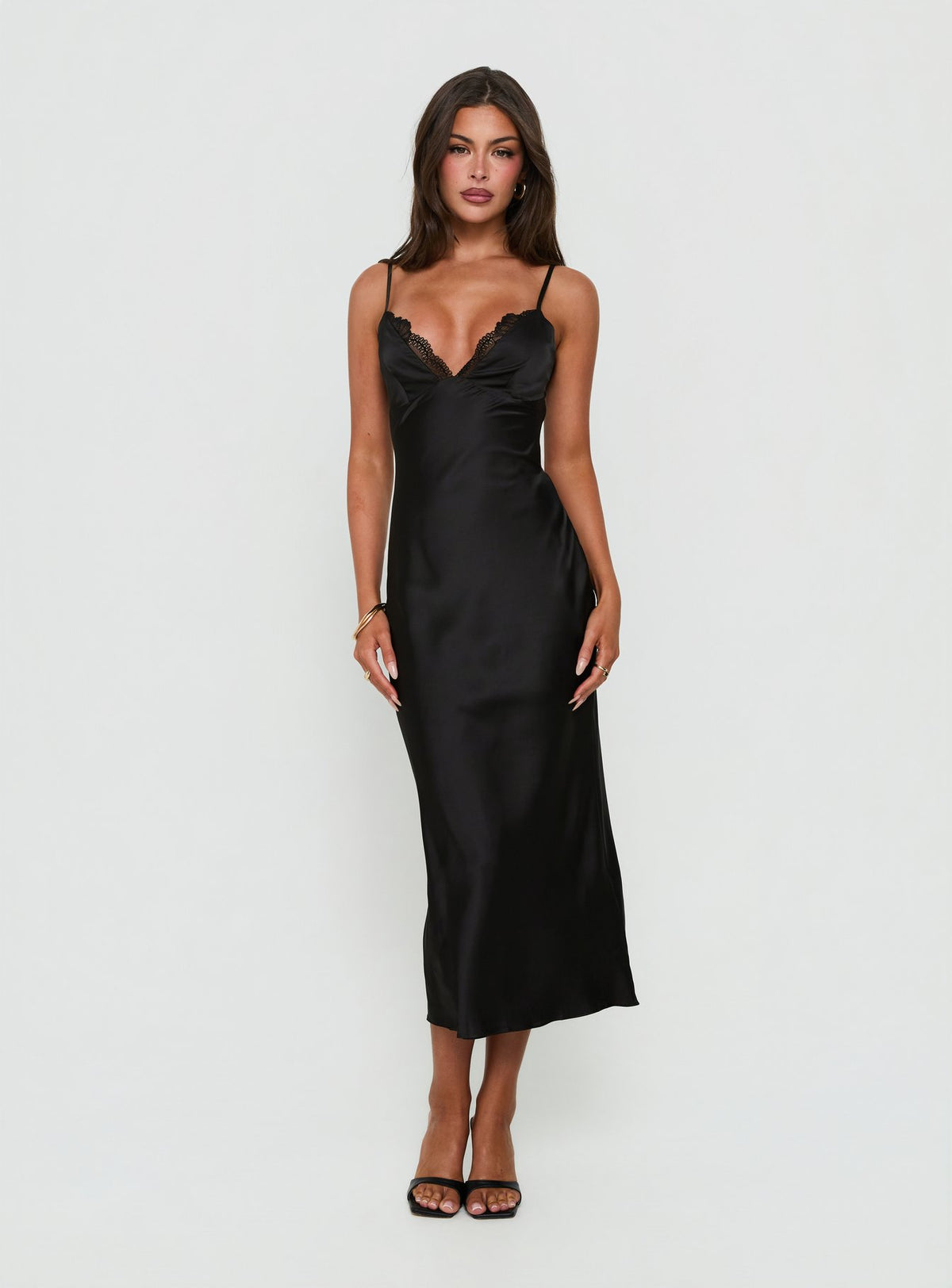 Declanna Satin Lace Trim Slip Midi Dress Black