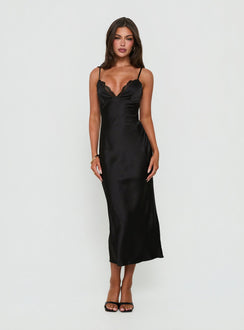 Declanna Satin Lace Trim Slip Midi Dress Black