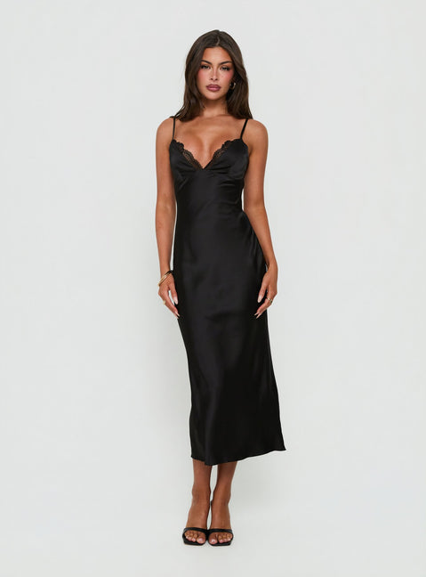 Declanna Satin Lace Trim Slip Midi Dress Black
