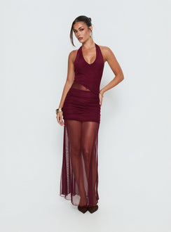 Desta Halter Sheer Maxi Dress Burgundy | Princess Polly Desta Halter Sheer Maxi Dress Burgundy | Princess Polly