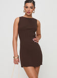 front view of model wearing Princess Polly Mayok Mini Dress Brown Tall High Neck 