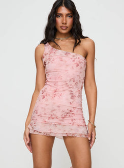 front view of model wearing Princess Polly Bramwell One Shoulder Mini Dress Pink Tall Asymmetric Neckline 