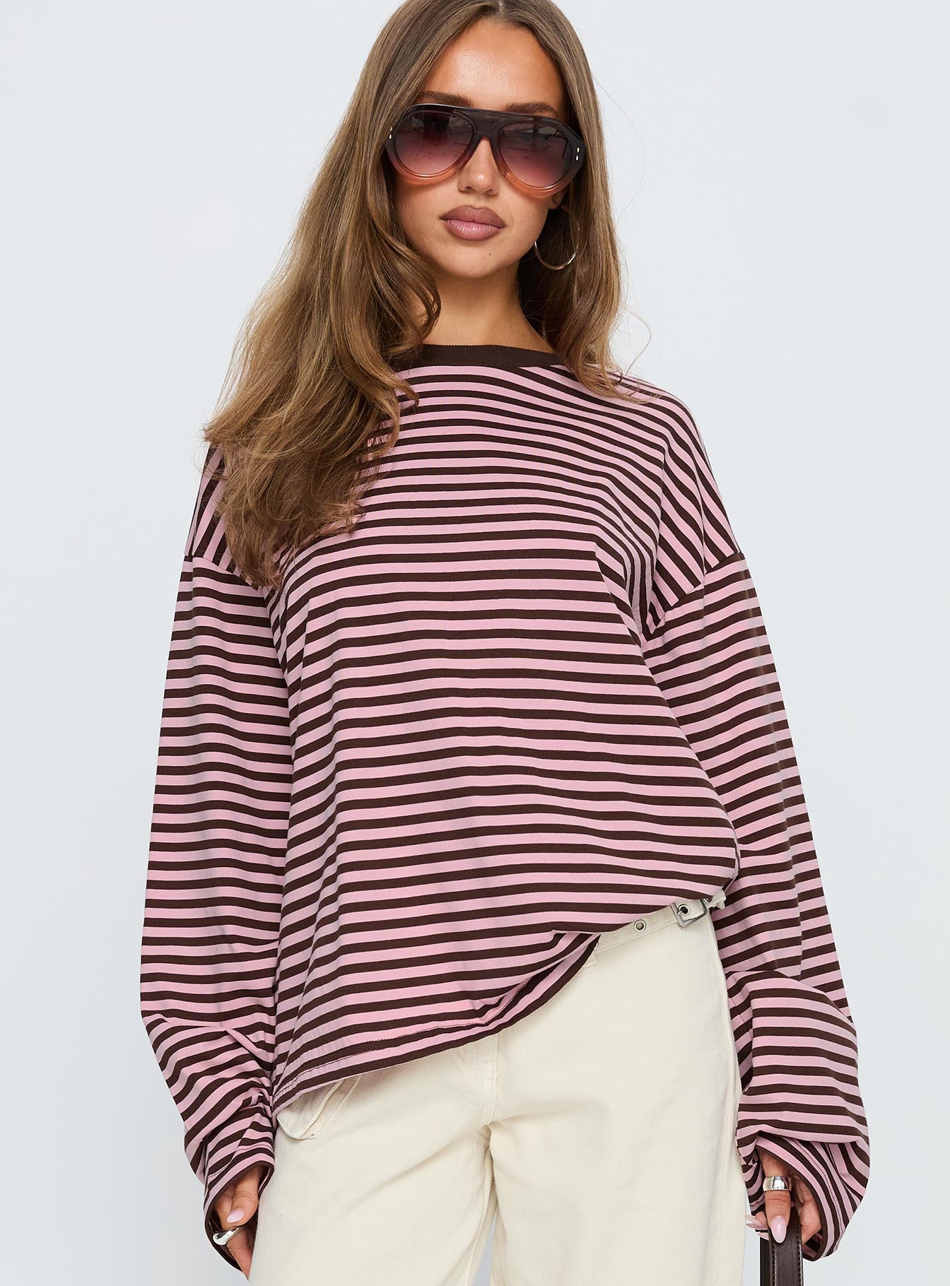 Settle Down Long Sleeve Top Pink / Brown Stripe | Princess Polly