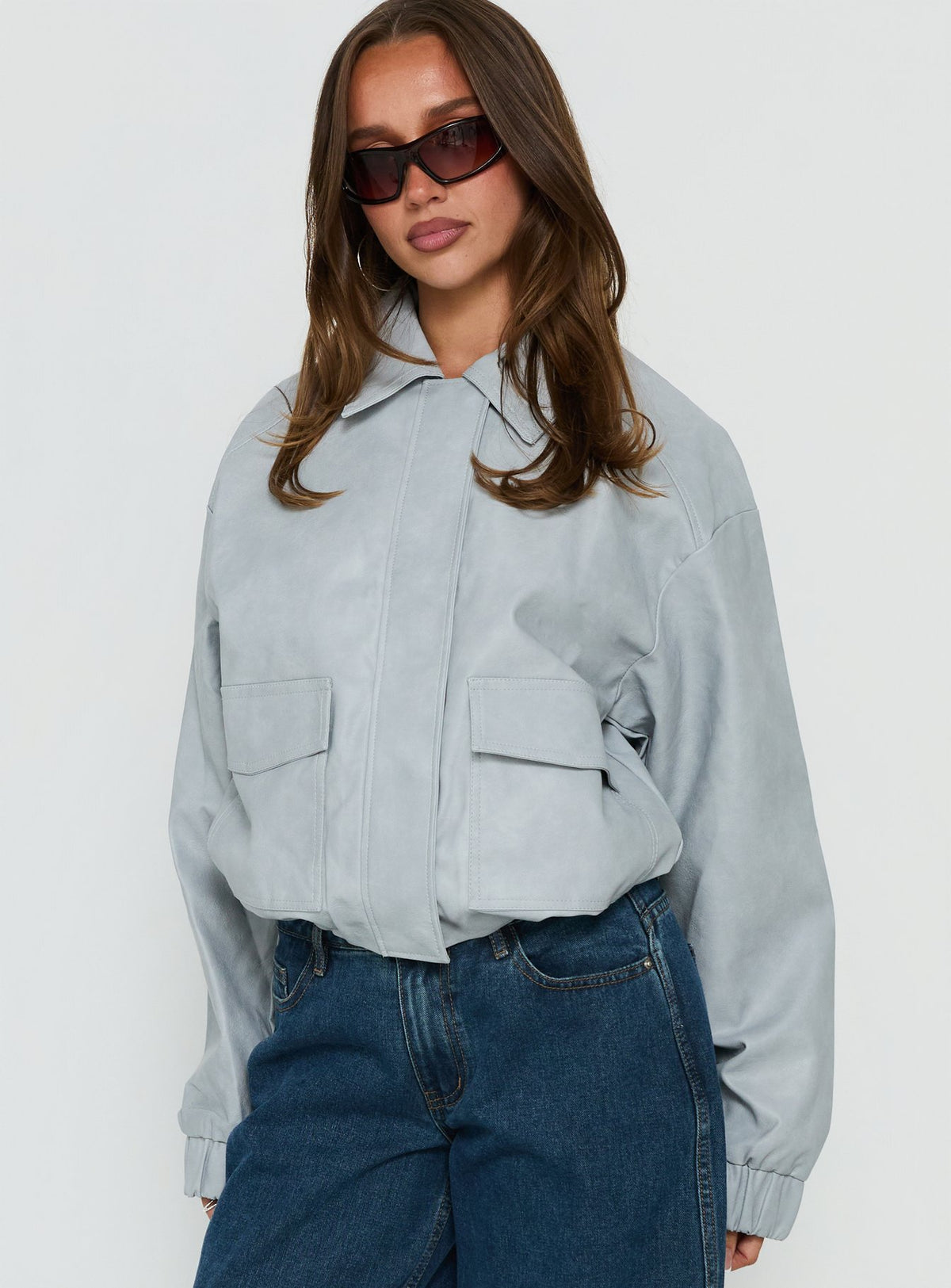 Soulstars Faux Leather Bomber Jacket Ice Blue