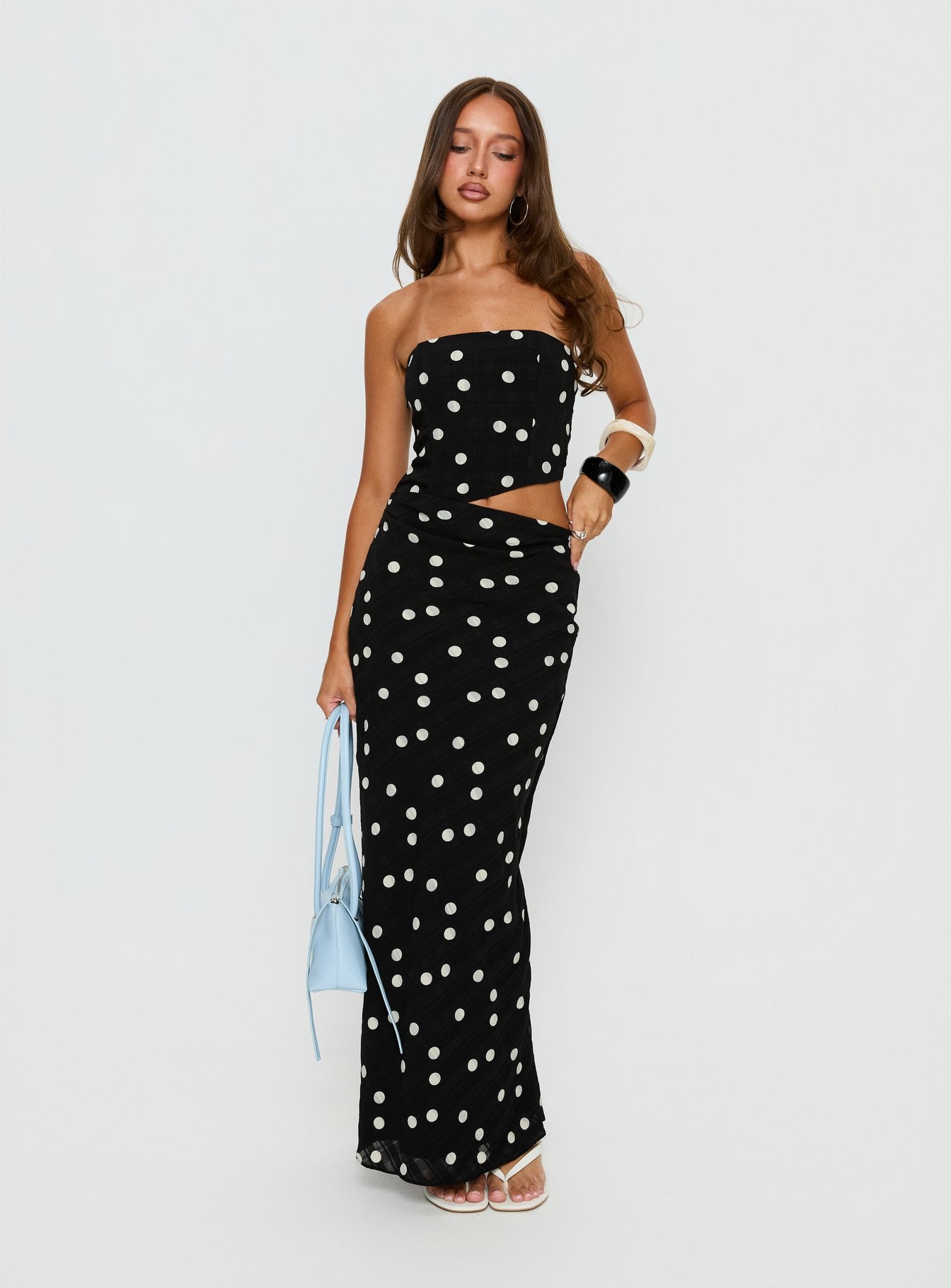 Jasira Strapless Drape Maxi Dress | Black Polka Dot | Womens | Princess Polly Jasira Strapless Drape Maxi Dress | Black Polka Dot | Womens | Princess Polly