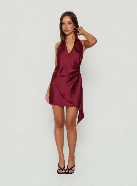 Landree Wrap Halter Satin Mini Dress Burgundy