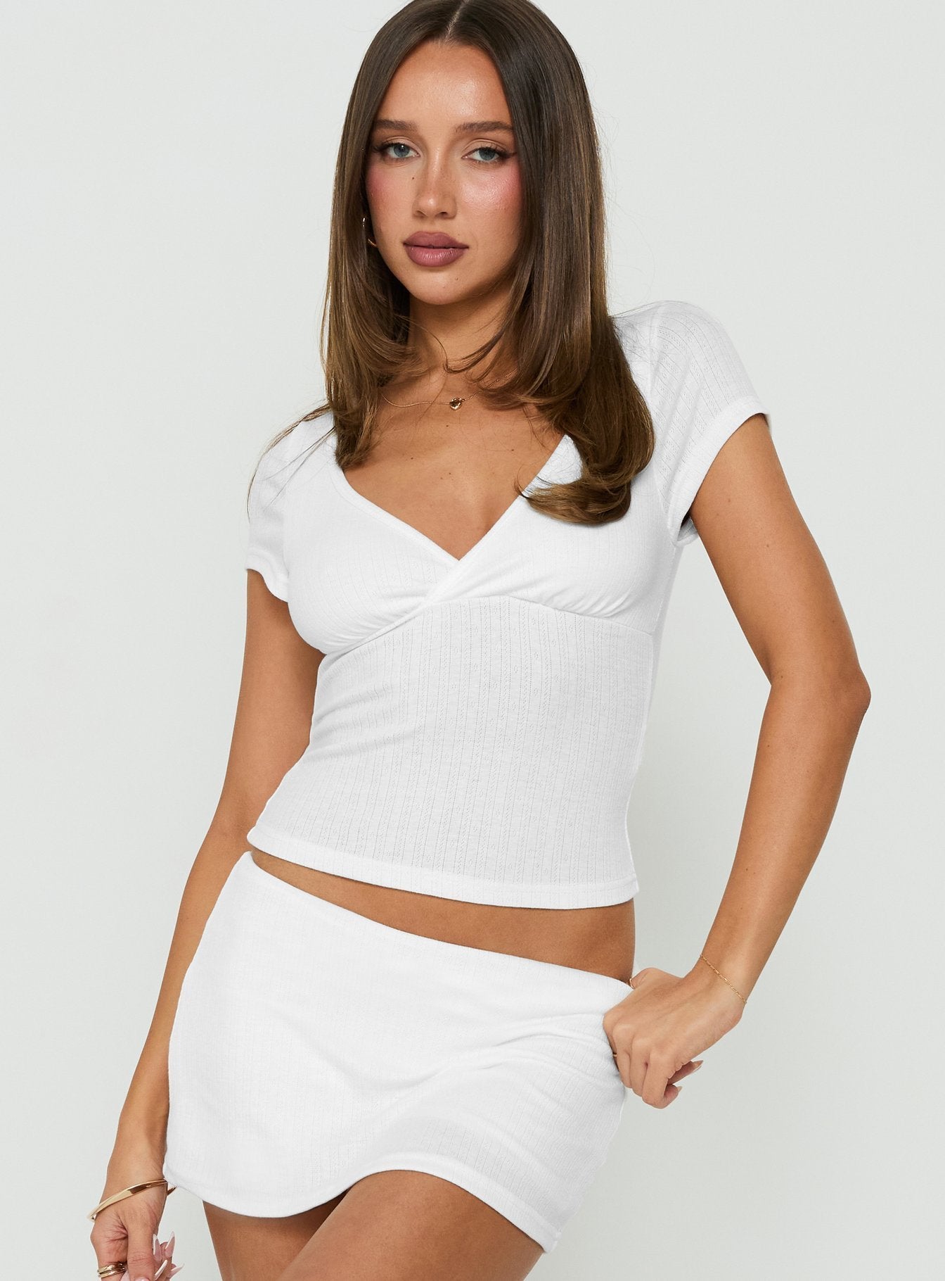 Mossie Crossover Pointelle Top White | Princess Polly