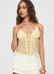 front view of model wearing Princess Polly CHANTRIA LACE TOP YELLOW Sleeveless Plunger 