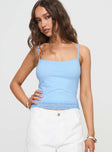 front view of model wearing Princess Polly Vikha Top Blue Sleeveless Square Neck 