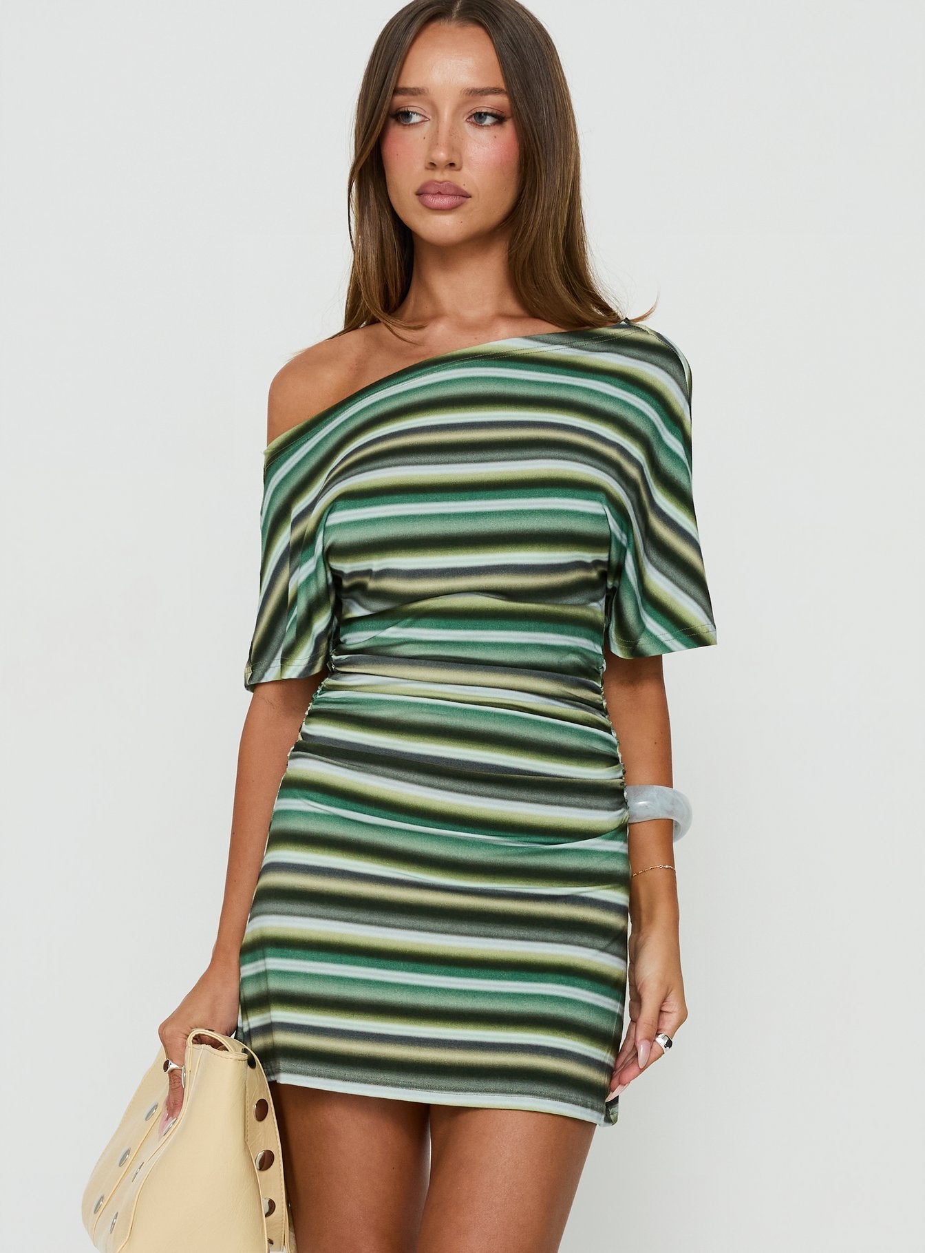 Mista Off Shoulder Asymmetrical Mini Dress / Blue Multi Stripe