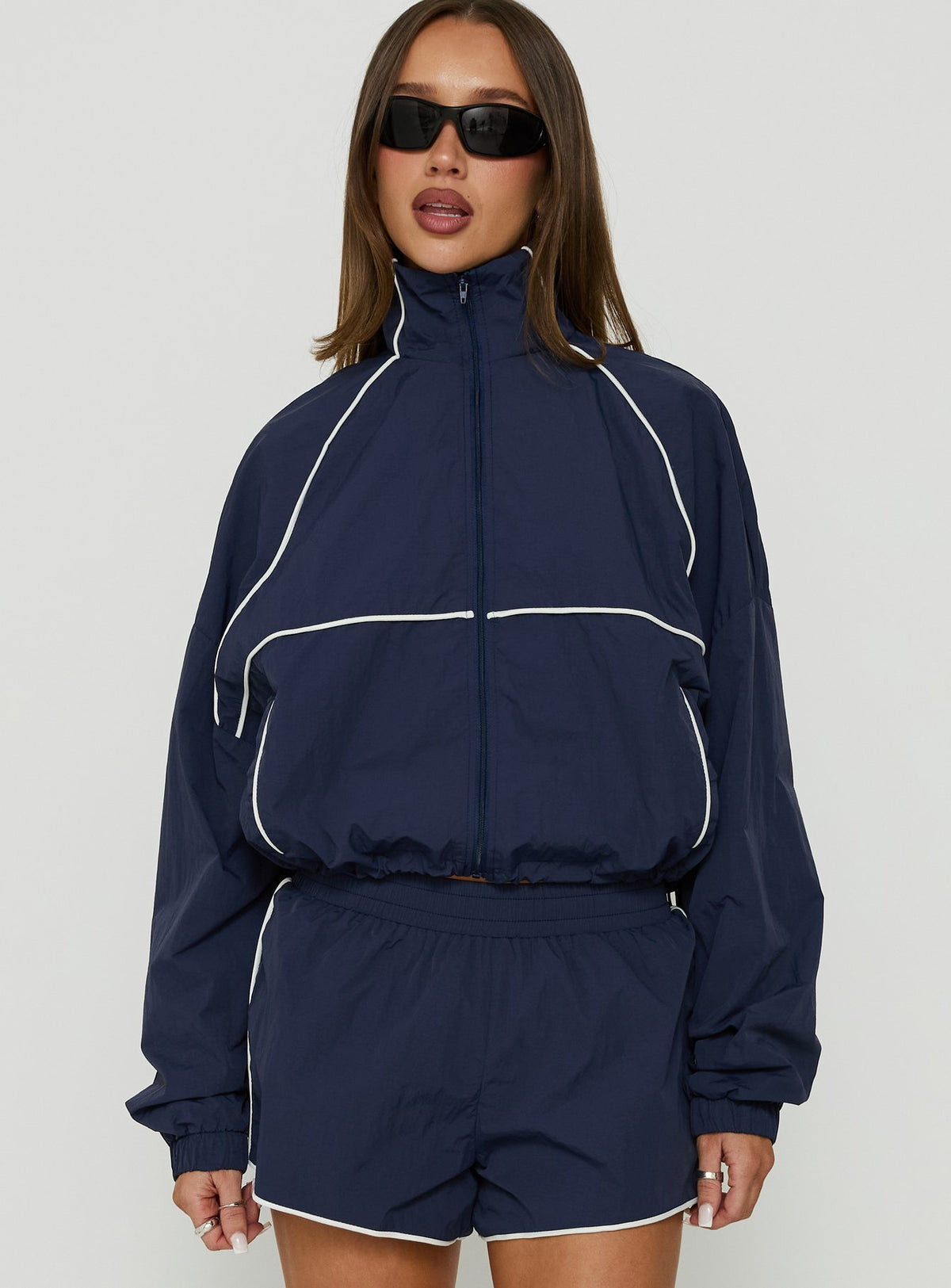 Shayyla Funnel Neck Windbreaker Jacket Navy / White