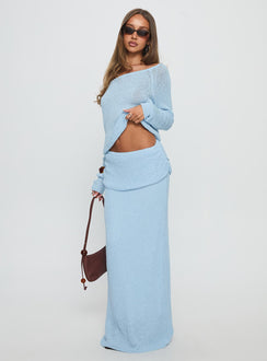   side view of model wearing Princess Polly Tessira Boucle Maxi Skirt Blue Maxi 