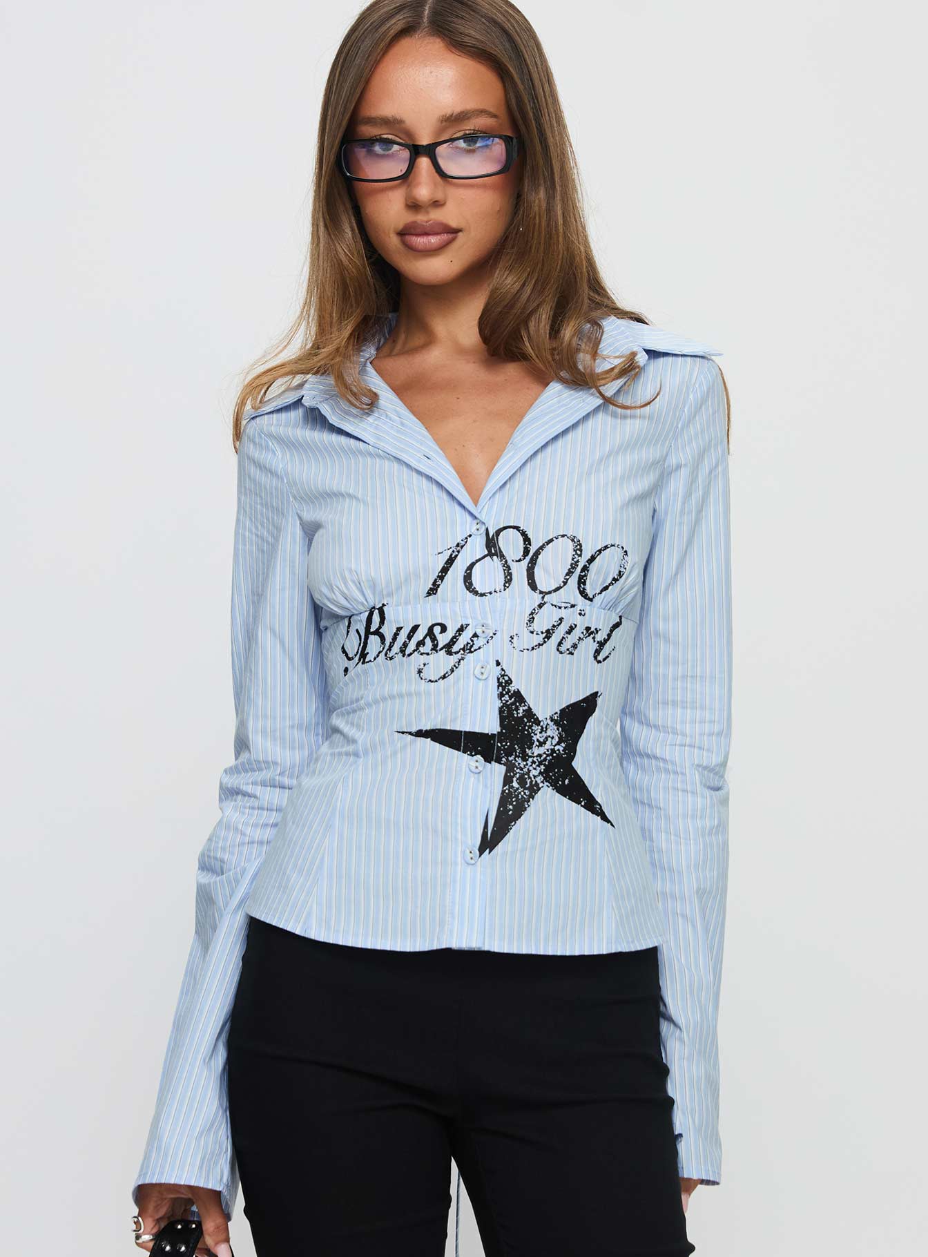Busy Girl Long Sleeve Collared Top Blue Stripe
