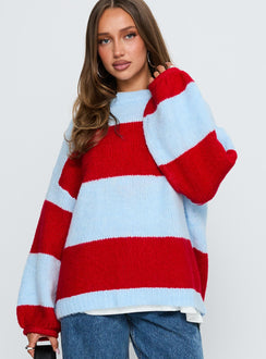 front view of model wearing Princess Polly Bastien Crew Neck Knit Sweater Blue / Red 